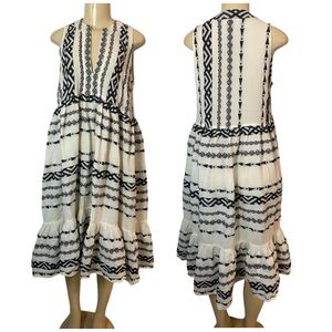 Nema Resort Wear Women's Embroidered Ivory Black Midi Dress Size Medium